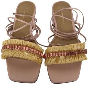 Anthropologie Embellished Tie Up Pink/Rose Raffia‎ Square Toe Sandals New in Box